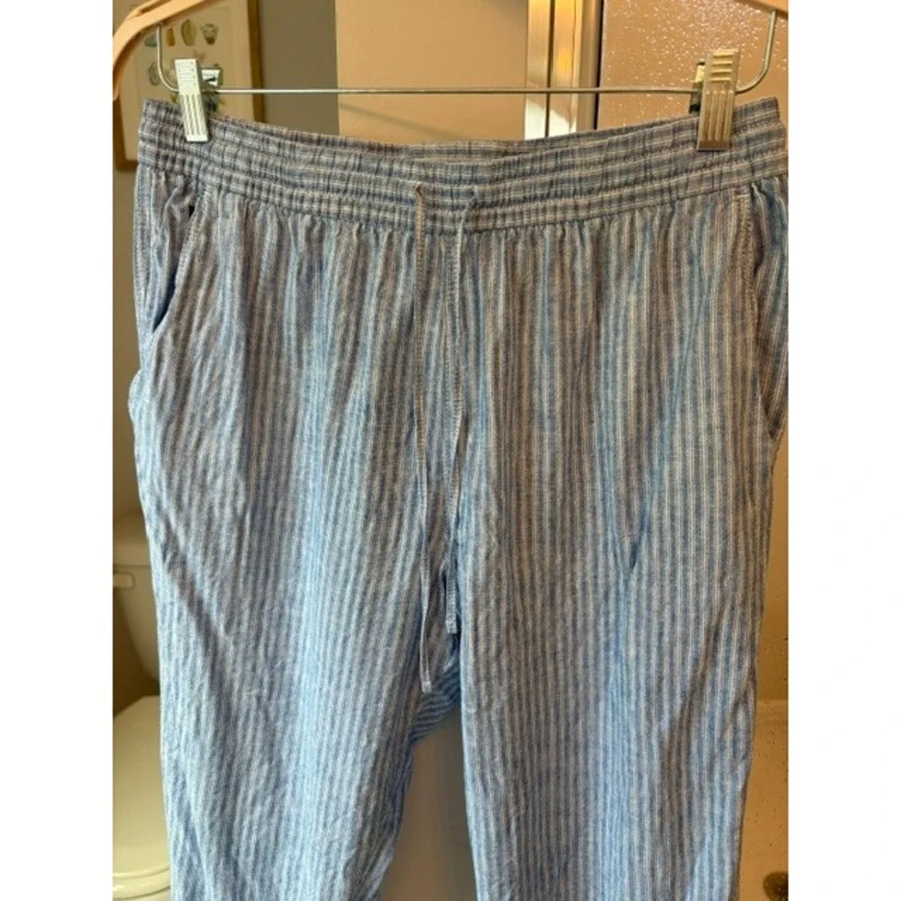 H&M Blue White Striped Linen Blend Drawstring Pull-On Pants